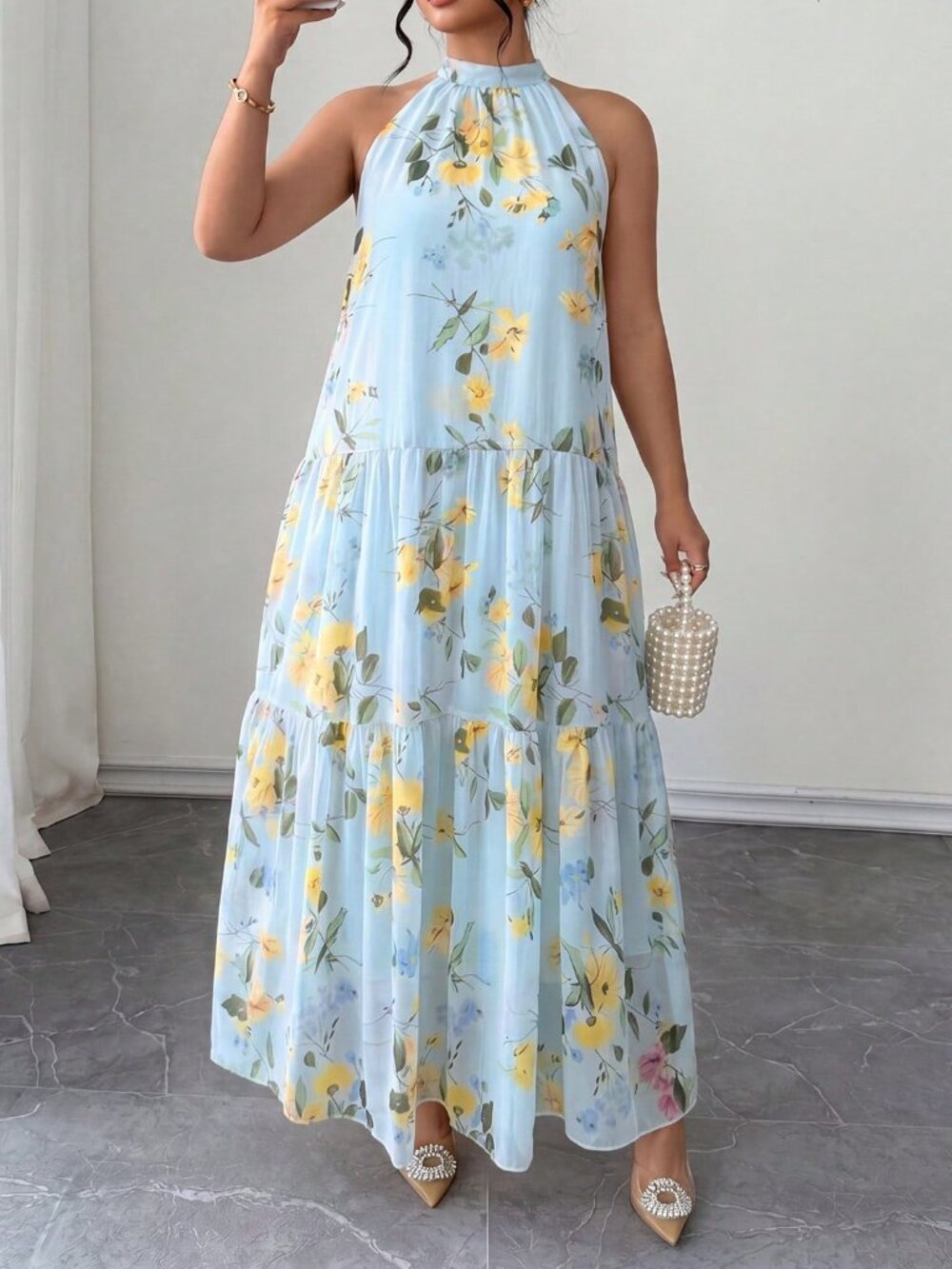 Baby Blue Boho Women's Plus Size Floral Halter Neck Sleeveless Flowy Maxi Dress - Picture 3 of 6